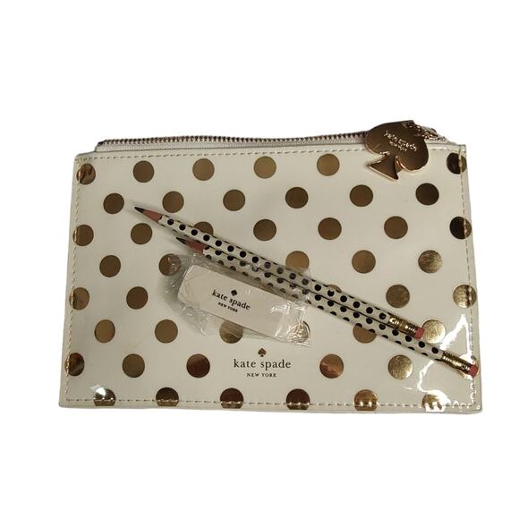 Kate Spade NWOT Polka Dot Print Patent Leatherette Pencil Pouch in Ivory & Gold - Picture 1 of 8